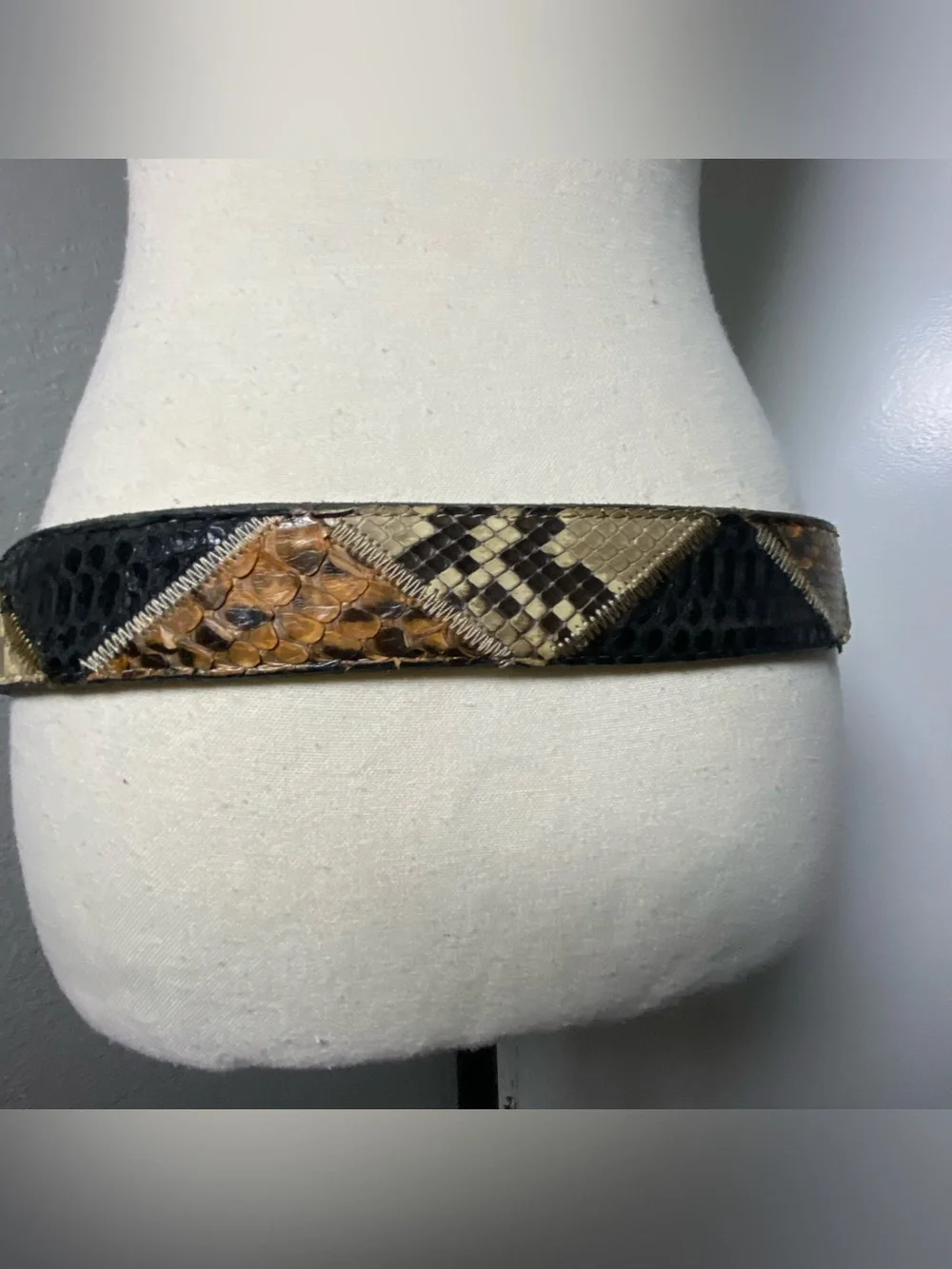 Vintage Italian Tan & Black Patchwork Snakeskin Leathed Belt Size XL